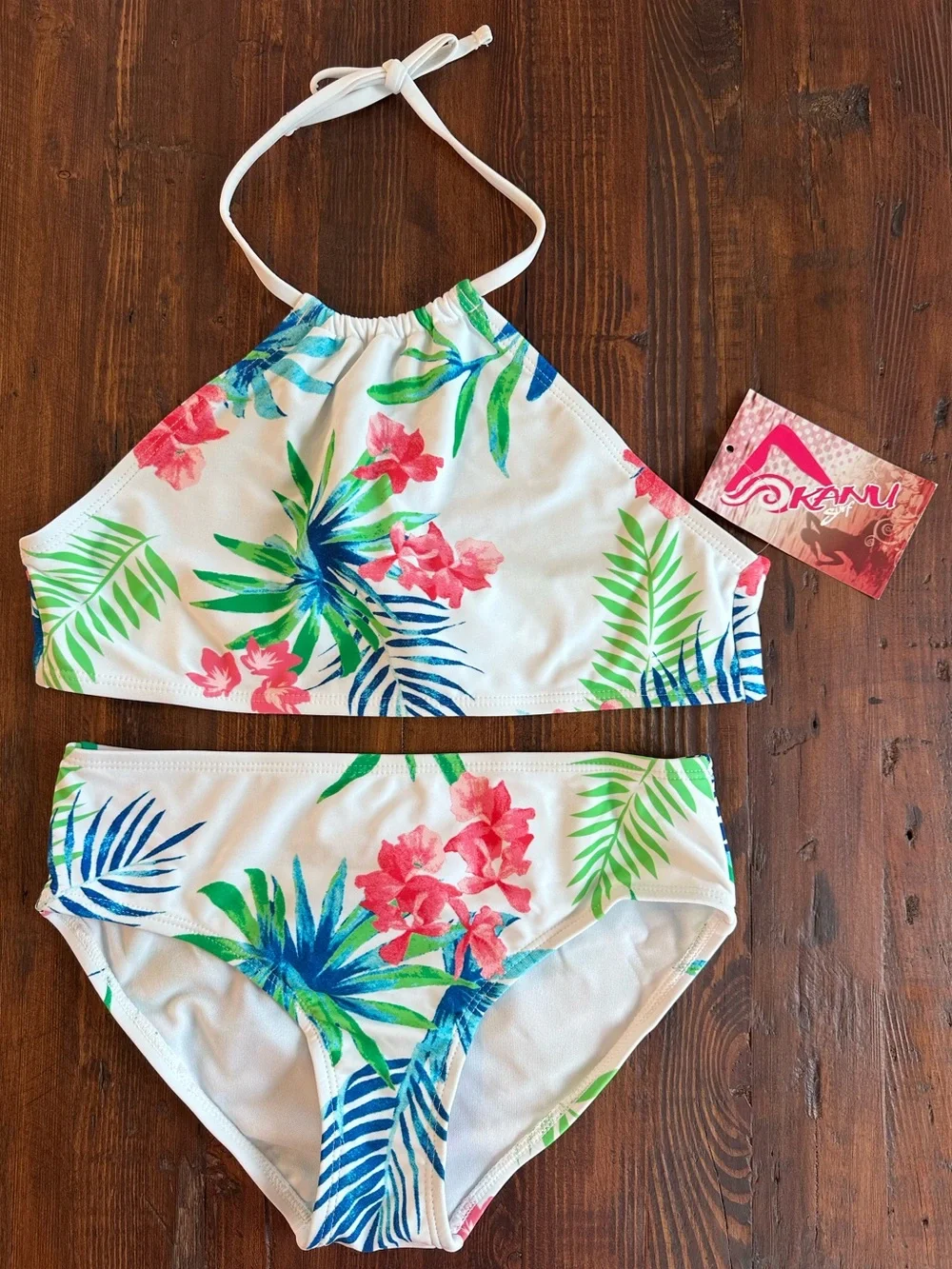 Kanu Surf Girls White Tropical Floral High Neck Bikini, 2-Piece Swimsuit Size 14